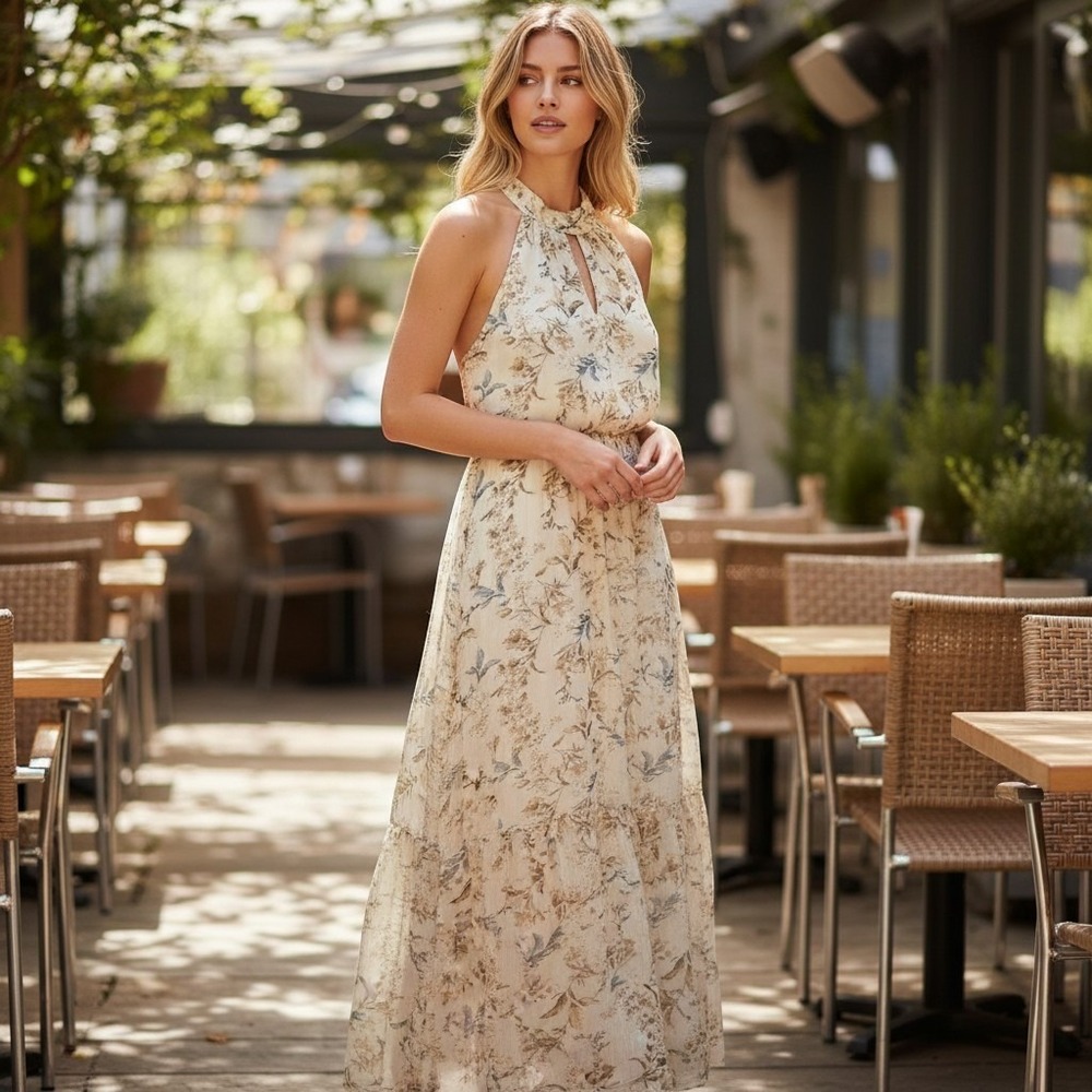 Drew by Anthropologie Naomi Vintage Floral Maxi Dress flowing chiffon floral L